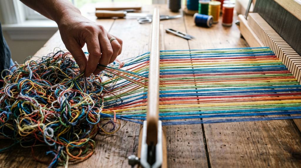 Hand weaving with colorful threads on a wooden loom