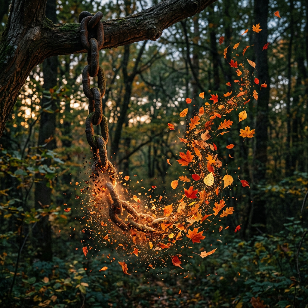 Rusty chain fragmenting into orange and yellow autumn leaves in a forest