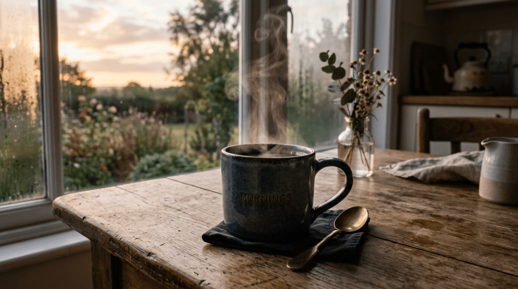 Steaming coffee mug labeled MORNINGS on a wooden table near a window with flowers and garden outside