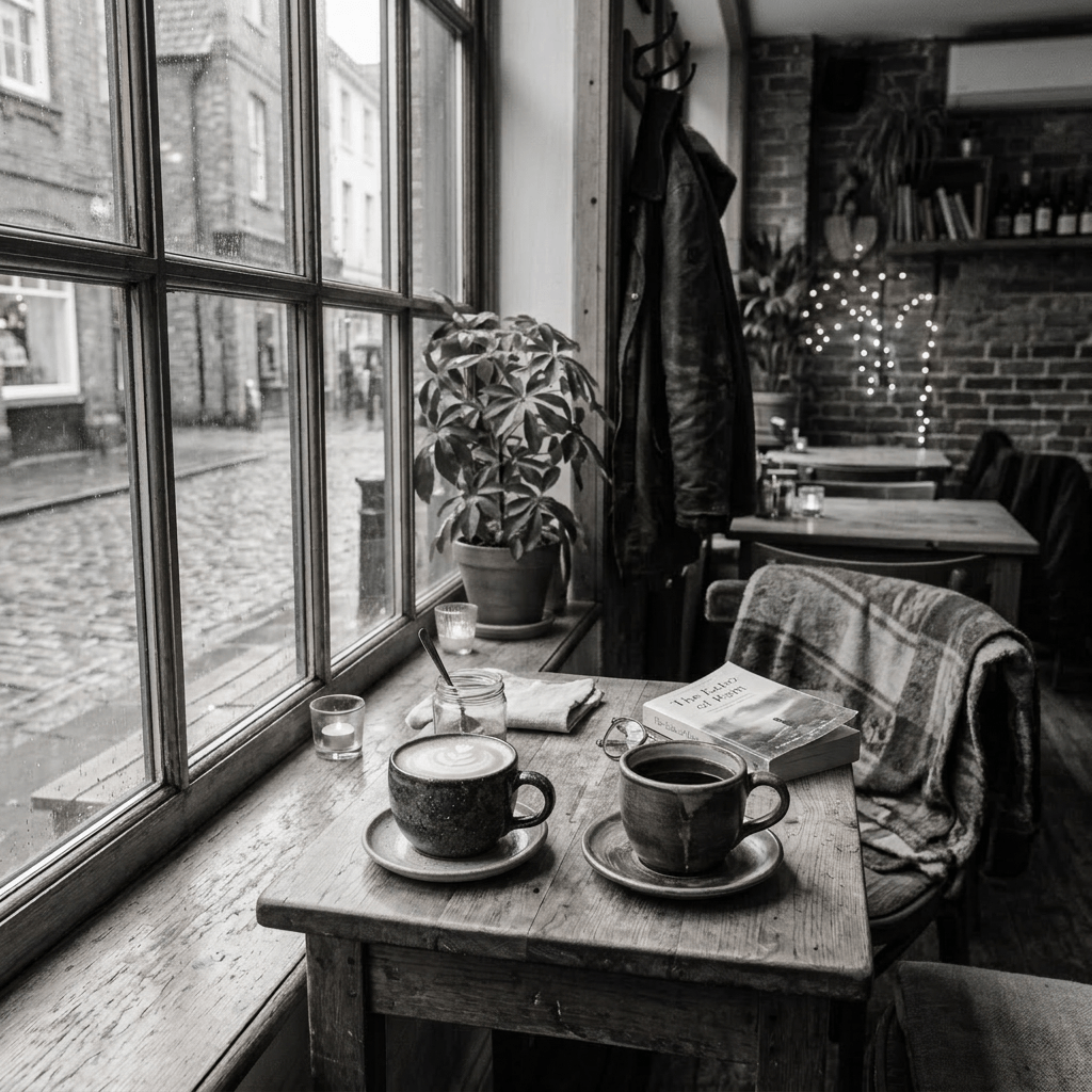 Wooden table by window with two coffee cups, book, and plants in cozy coffee shop