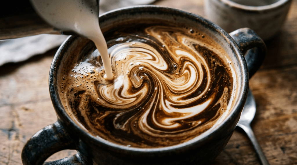 Cup of dark coffee with cream pouring in and swirling pattern