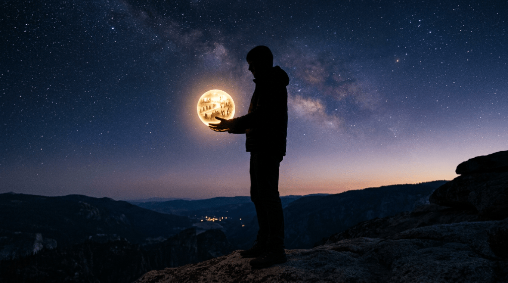 Silhouette of a person holding a glowing orb with small figures inside under a starry night sky